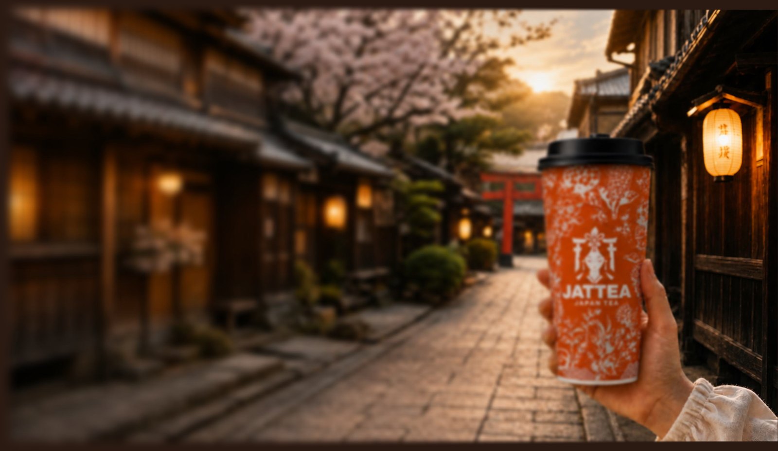JATTEAのテイクアウトカップと京都の街並み